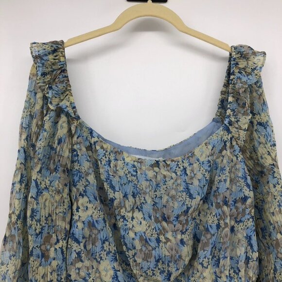 ASTR The Label  Elva Floral Long Ruffle Sleeve Square Neck Blue Taupe blouse LG - Picture 13 of 16